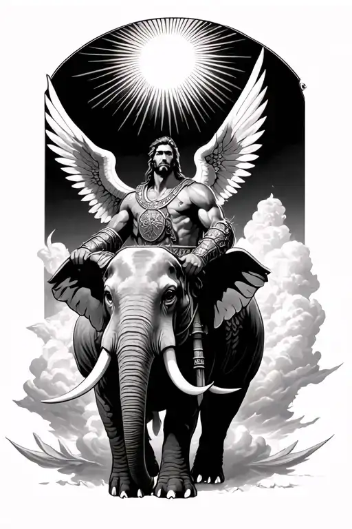 Male warrior that looks like St Michael on an elephant holding a sword with sun rays coming down in clouds tattoo design idea