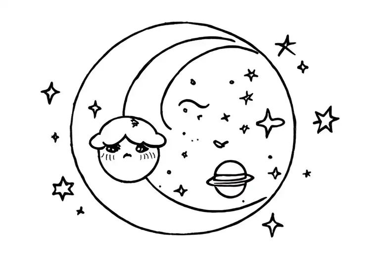 crescent moon with an animated face, stars, clouds, little planets  tattoo design idea