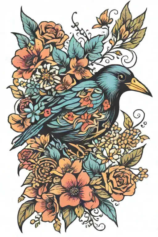 Neo trad bird with wildflowers tattoo design idea
