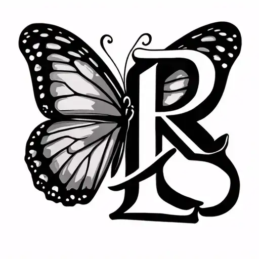 letter R, infinity sign, letter L and a colored butterfly tattoo design idea