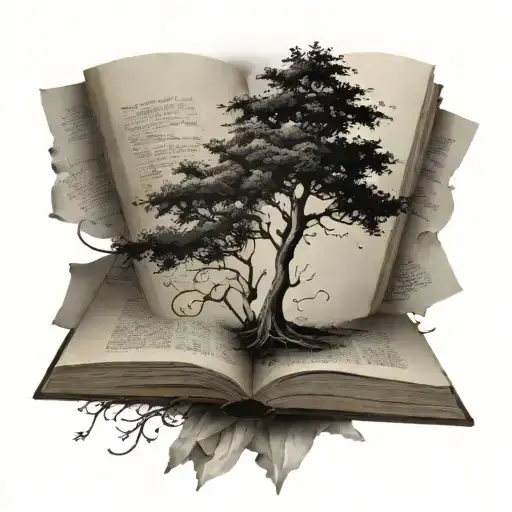 tree coming through gem and book pages tattoo design idea