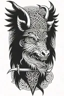 boar head with the saint michael sword and wings surrounded by celtic trinity knot tattoo design idea