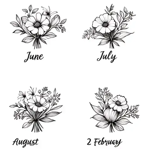 a bouquet of flowers but they are birth month flowers for my grandparents and parents 2 June, 2 February, July, august tattoo design idea