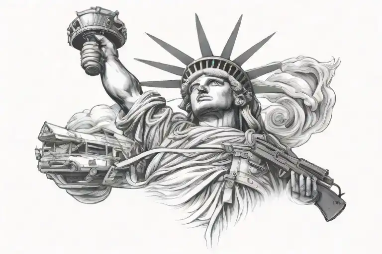 state puff marshmallow man rambo theme nyc with ak47 smoke and fire  tattoo design idea