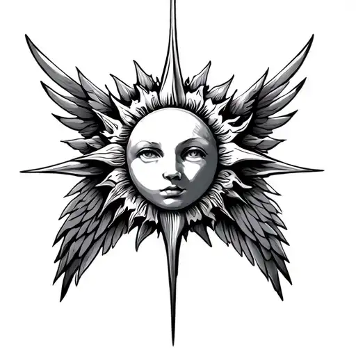 a sun and angle with wings wrapped tattoo design idea