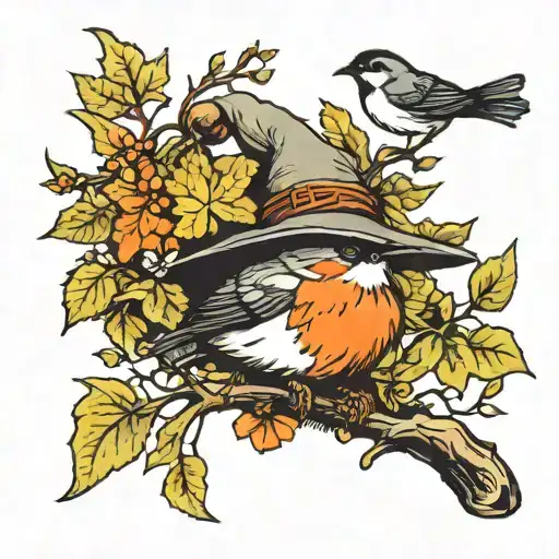 witch hat with robin and chickadee branch leaf tattoo design idea