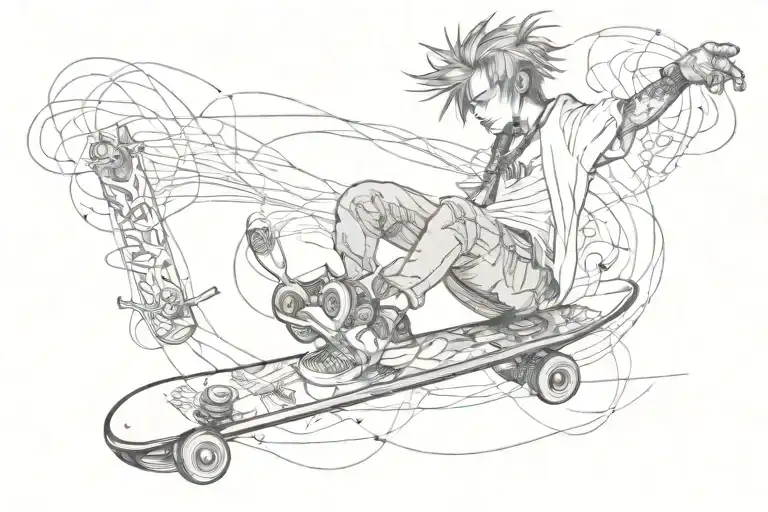 Punk rock lyrics intertwined with skateboarding tricks tattoo design idea