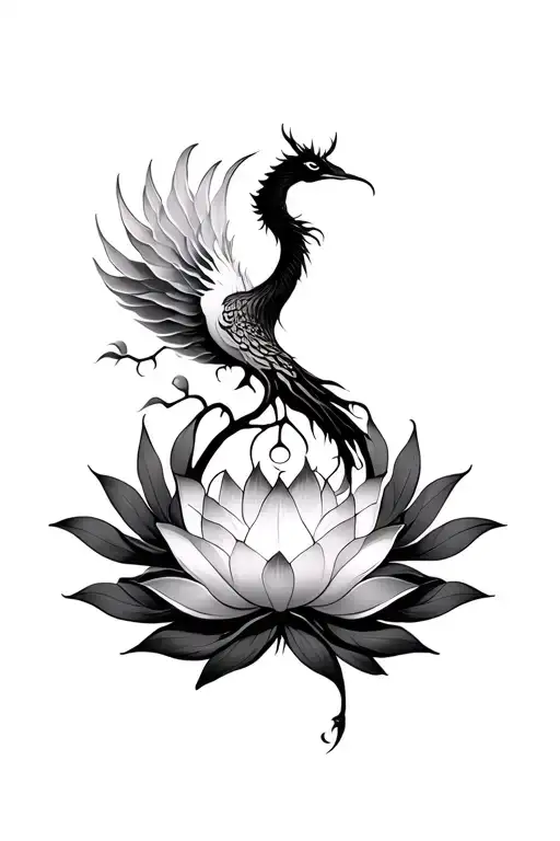 Oriental lotus flower Phoenix and tree of life vertical on the belly tattoo design idea