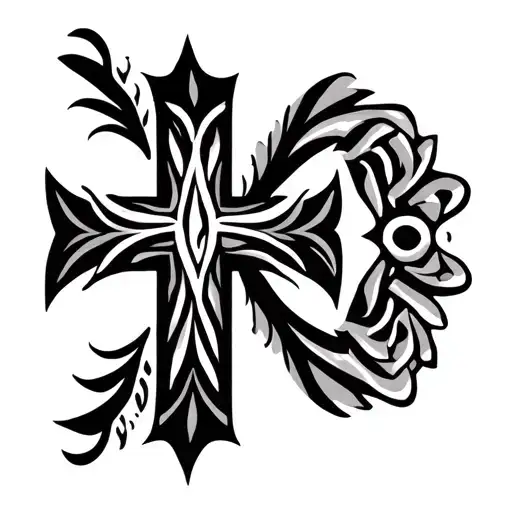 cross and Polynesian tribal patterns tattoo design idea