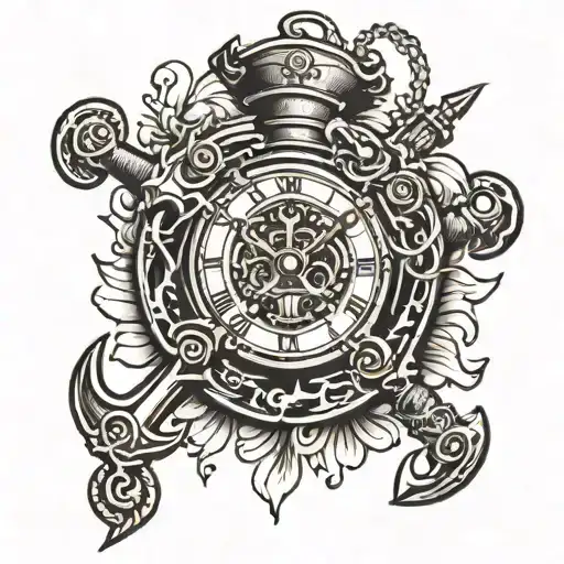 marine anchor clock hourglass saber tattoo design idea