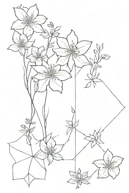 I want a fine line tattoo that incorporates hex pattern, larkspur flower, sand dollar, pine trees and moutains. tattoo design idea