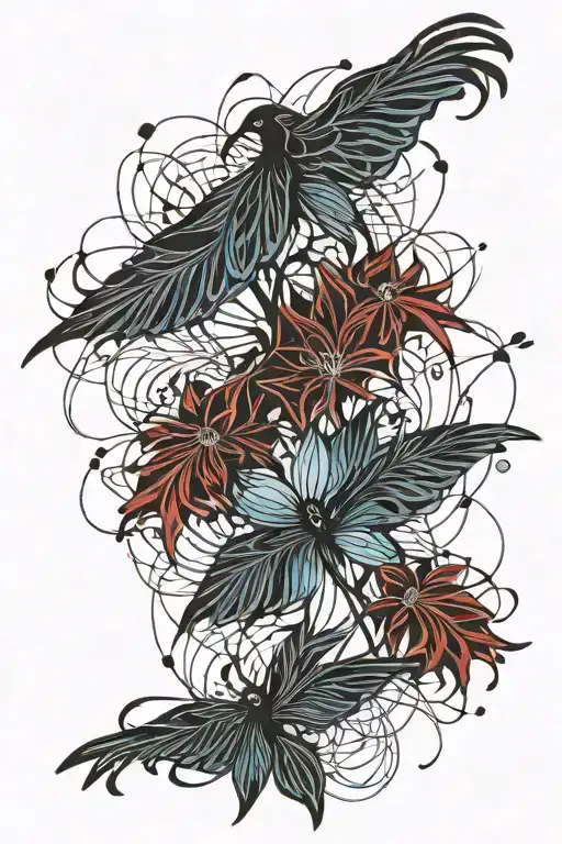 raven spider lilies red black and blue ink tattoo design idea