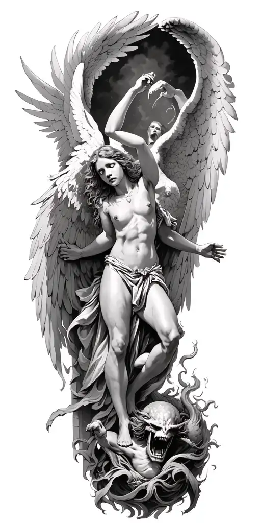 angels going through gates of heaven while fighting demons trapped in hell tattoo design idea