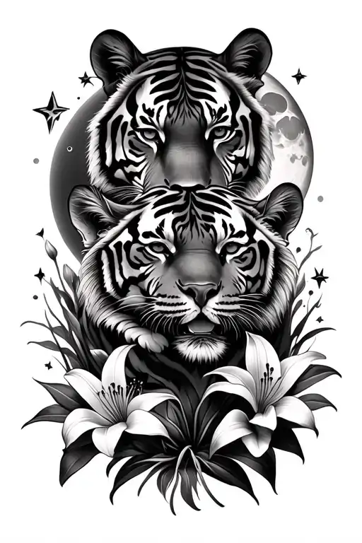 tiger family with tiger lilies and moon and stars forming the shape tattoo design idea