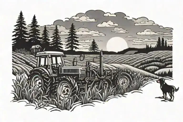 back and white sunset with tractor and dog sitting infront  tattoo design idea