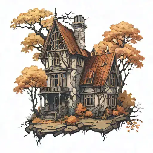an abandoned gothic style house in the middle of the forest with autumn colors on the trees realism style tattoo design idea