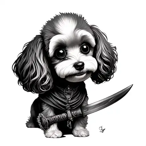 toy poodle with one right eye, scar above the left eye, a knife in his mouth and a sword on his back tattoo design idea