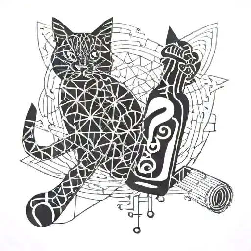 A geometric design incorporating musical notes and a bottle of alcohol, with a cat silhouette hidden within the pattern tattoo design idea