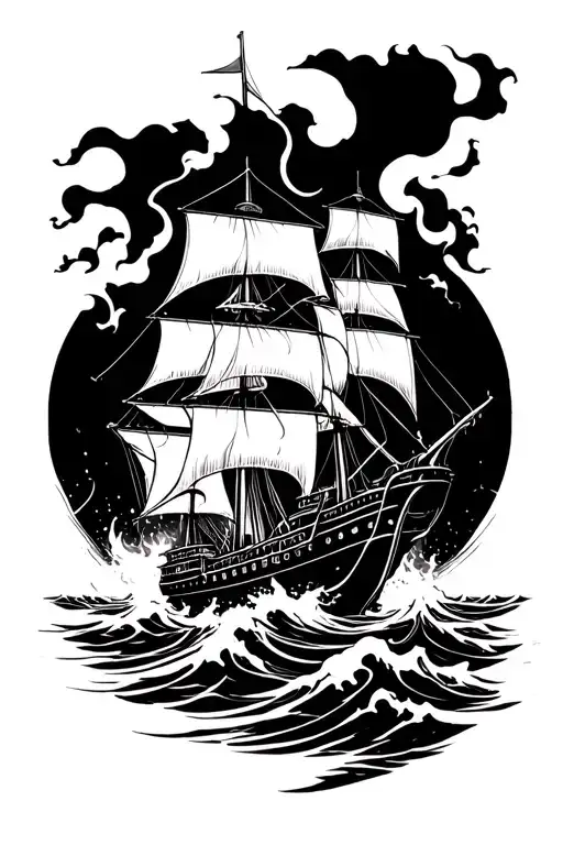 Burning ship sailing through stormy seas tattoo design idea