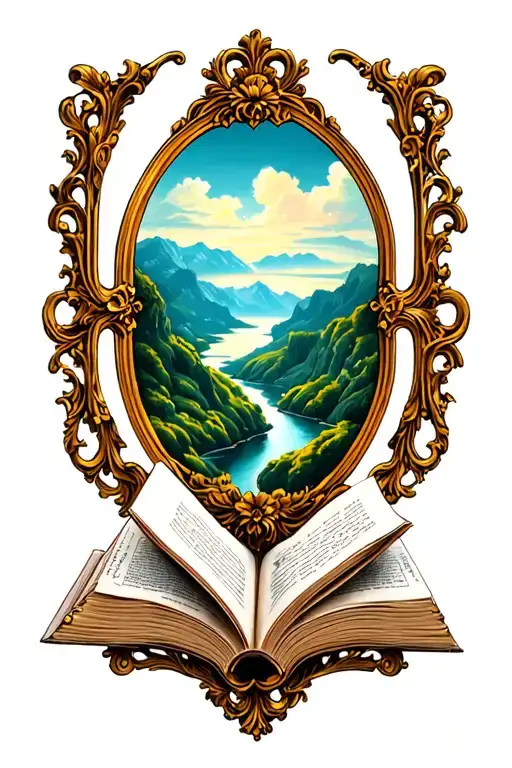 open book below hillside simple baroque frame tattoo design idea