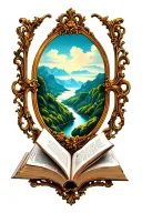 open book below hillside simple baroque frame tattoo design idea