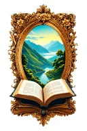 open book below hillside simple baroque frame tattoo design idea
