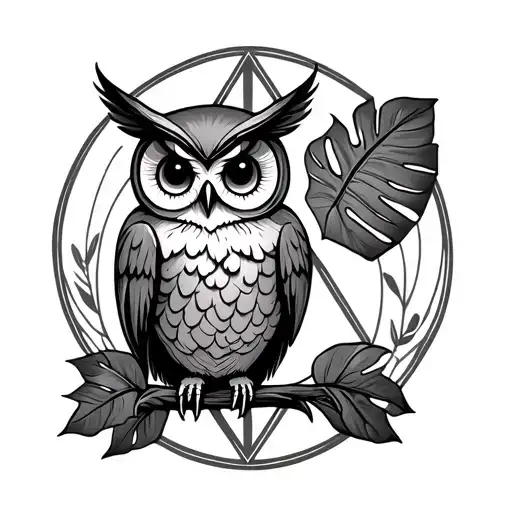 Deathly hallows symbol containing and cute owl with monstera leaf foliage as background  tattoo design idea
