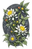 edelweiss flower surrounded by Scottish thistles wrapped tattoo design idea