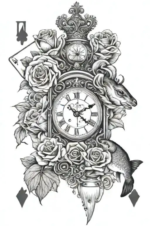 pocket watch, rose, fish, deer, king and queen crowns, 4 ace playing card tattoo design idea