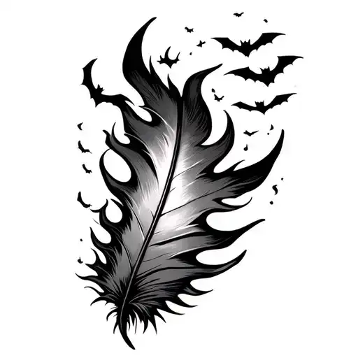 feather burning with flames and smoke that turns into many small flying bats tattoo design idea