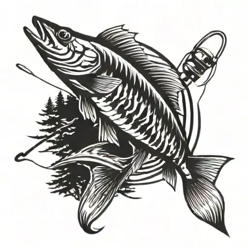 fir trees, fishing rod, walleye jumping tattoo design idea