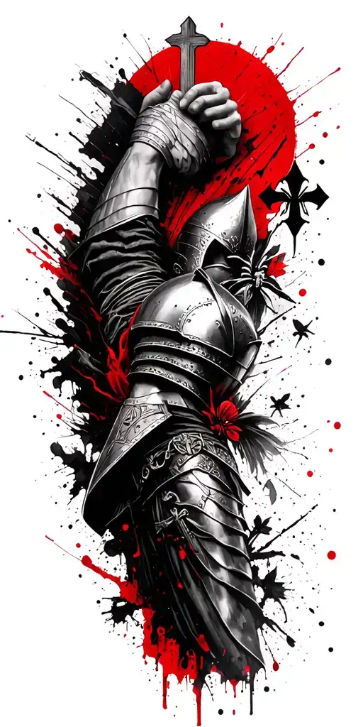 Height of the arm, knight who loads on forearm, fleur -de -lis, Christian cross, spider canvas on elbow tattoo design idea