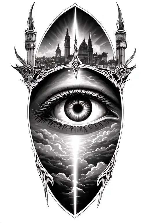 A tattoo of the Eye of Sauron gazing down at Marseille from the sky tattoo design idea