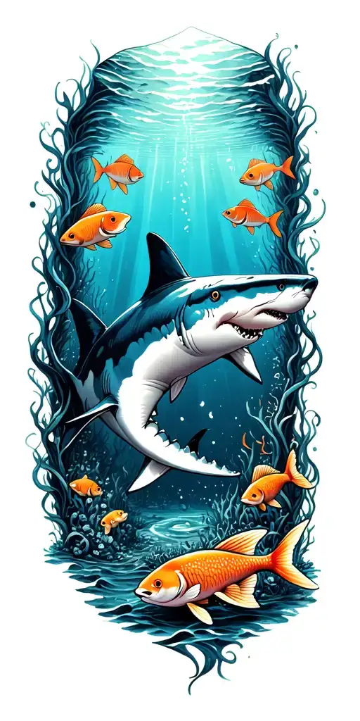 ocean floor with shark and fish tattoo design idea