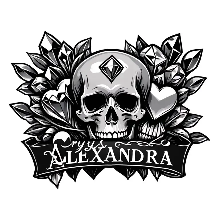 skulls and crystals and hearts behind the name "Crystal Alexandra" tattoo design idea