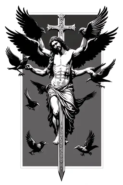 jesus on sword cross with black wings and flying crows no background tattoo design idea