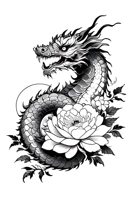 Realistic Japanese dragon with peonies and a sun tattoo design idea