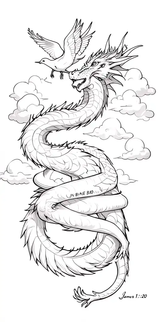 Dragon wrapped around arm with cloud background with bible verse James 1:19-20 and lion with crown on shoulder, 3 doves tattoo design idea