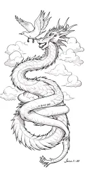 Dragon wrapped around arm with cloud background with bible verse James 1:19-20 and lion with crown on shoulder, 3 doves tattoo design idea