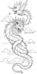Dragon wrapped around arm with cloud background with bible verse James 1:19-20 and lion with crown on shoulder, 3 doves tattoo design idea