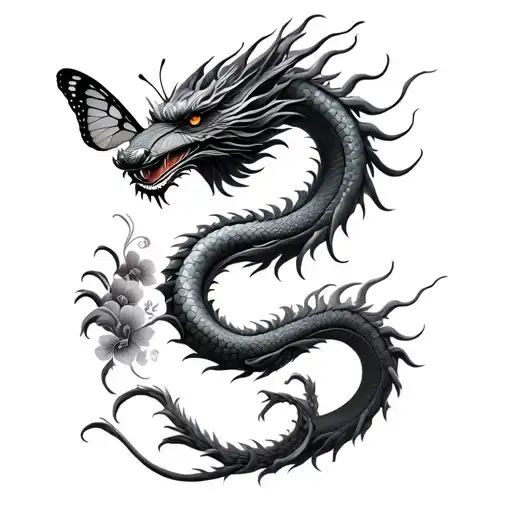 japanese dragon and butterfly black and grey tattoo design idea