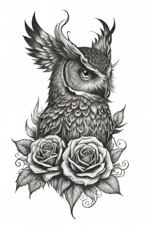 Create a black and white portrait of an owl on fire, an anchor, a rose, a dagger, decorated will filigree  tattoo design idea