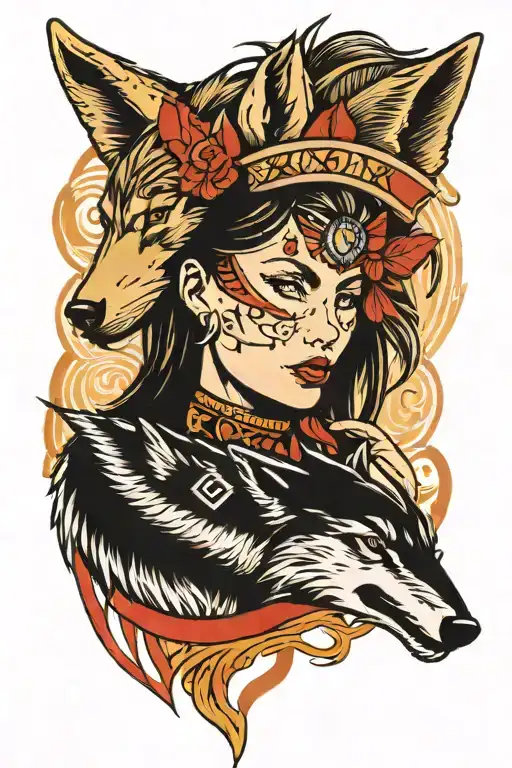 lone wolf and tribal girl  tattoo design idea