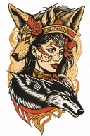 lone wolf and tribal girl  tattoo design idea
