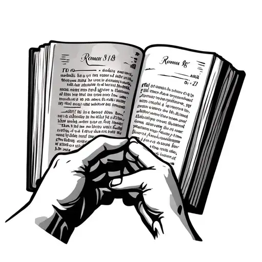 open bible being held in two hands, with the Bible verse Romans 8:18 written on the open pages, sun beaming on pages tattoo design idea