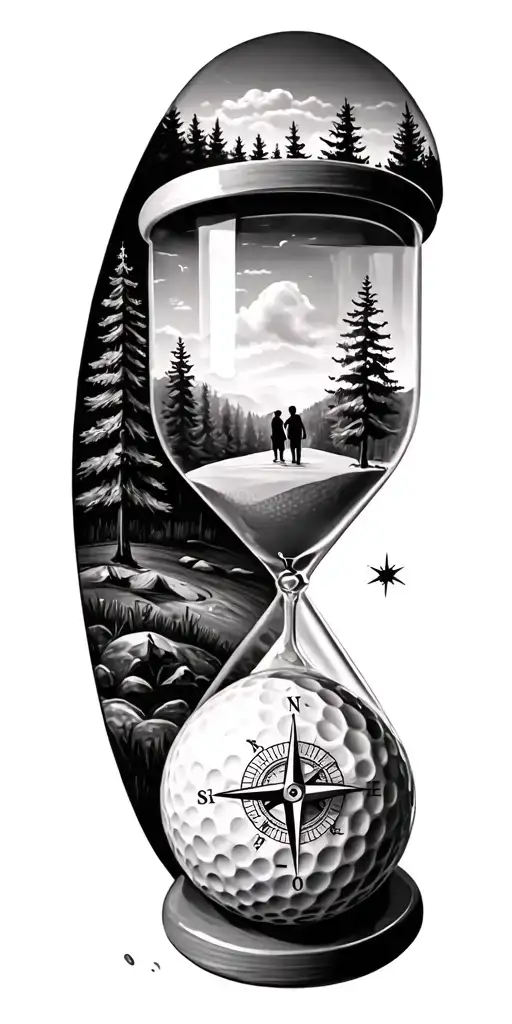 family and forest and hour glass and compass golf course golf ball tattoo design idea