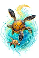 sea turtle with 2 small sea turtles  tattoo design idea