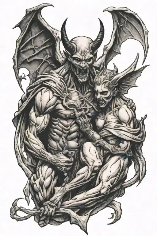 devil whispering and an angel tied up tattoo design idea