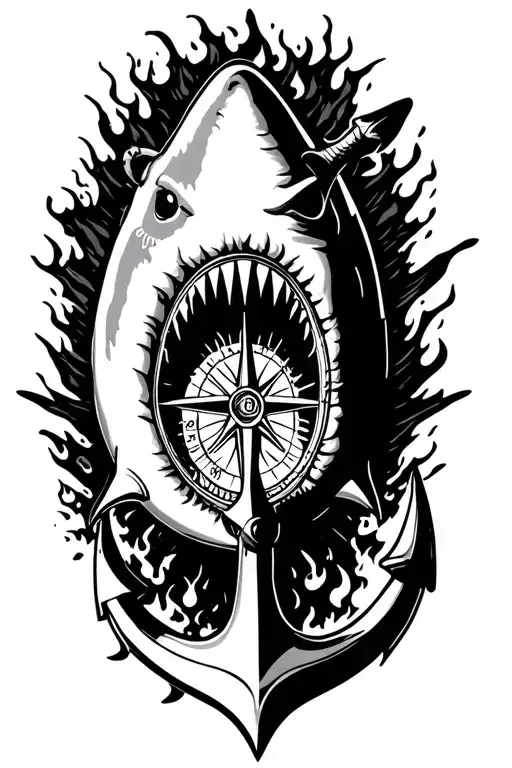 boat anchor and compass shark emerging victoriously from the ashes tattoo design idea