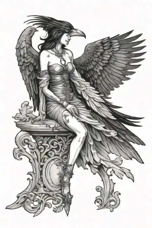 The Morrigan depicted with a raven perched, realism tattoo design idea